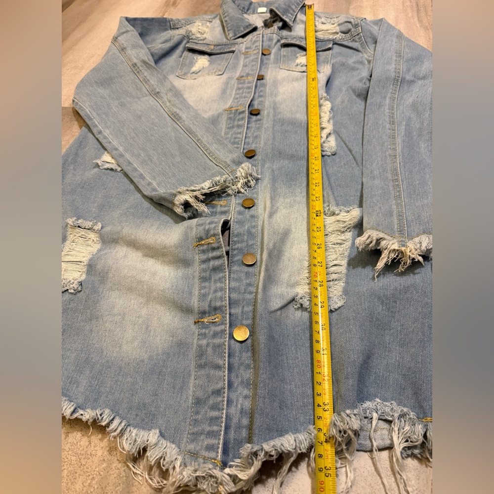 Women's Distressed Light Blue Denim Jacket - Picture 6 of 9